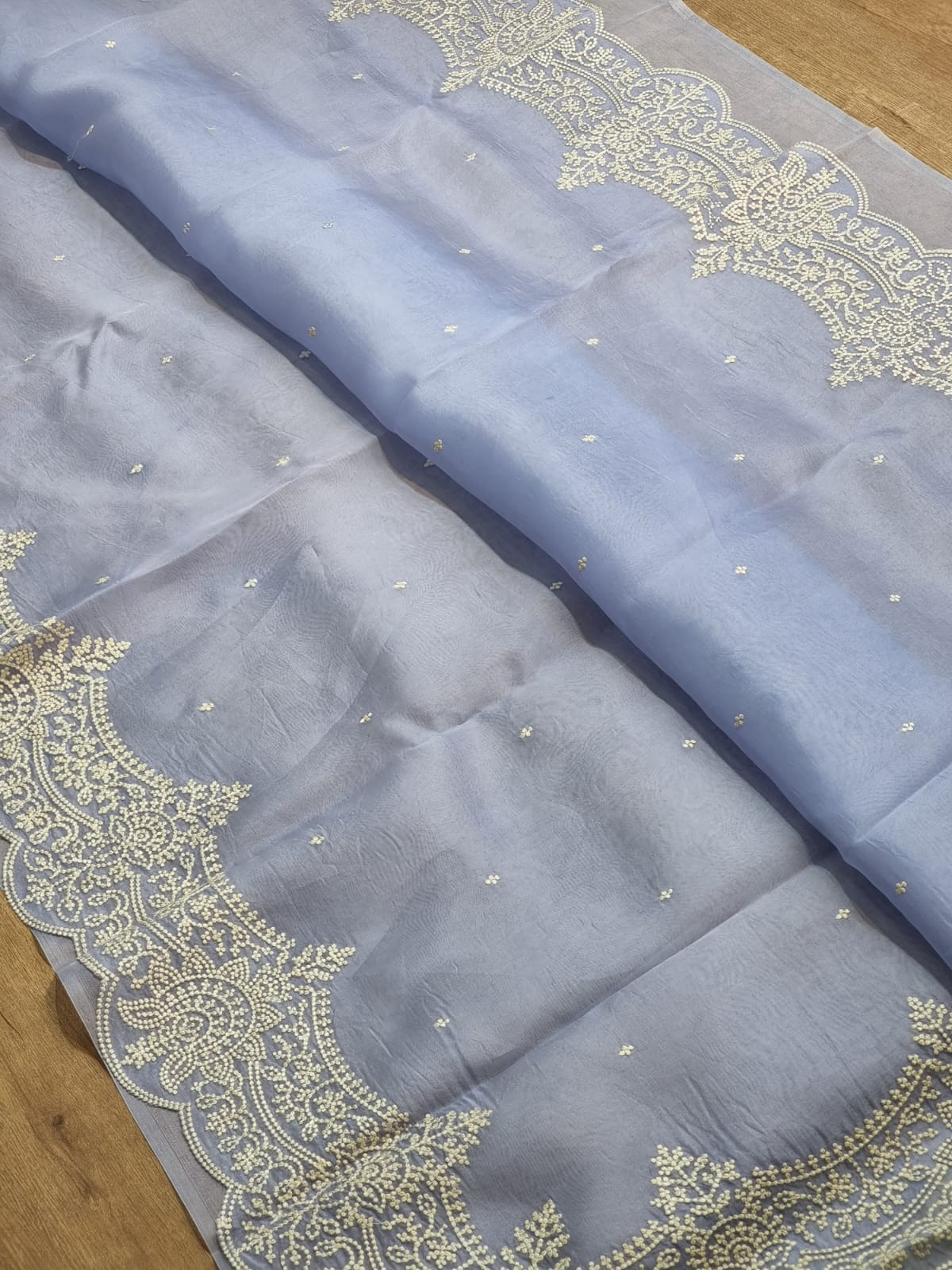 Pure Organza Silk Thread Embroidery Torani Pearl Border with Scallop edges and blouse work - Resham Wala