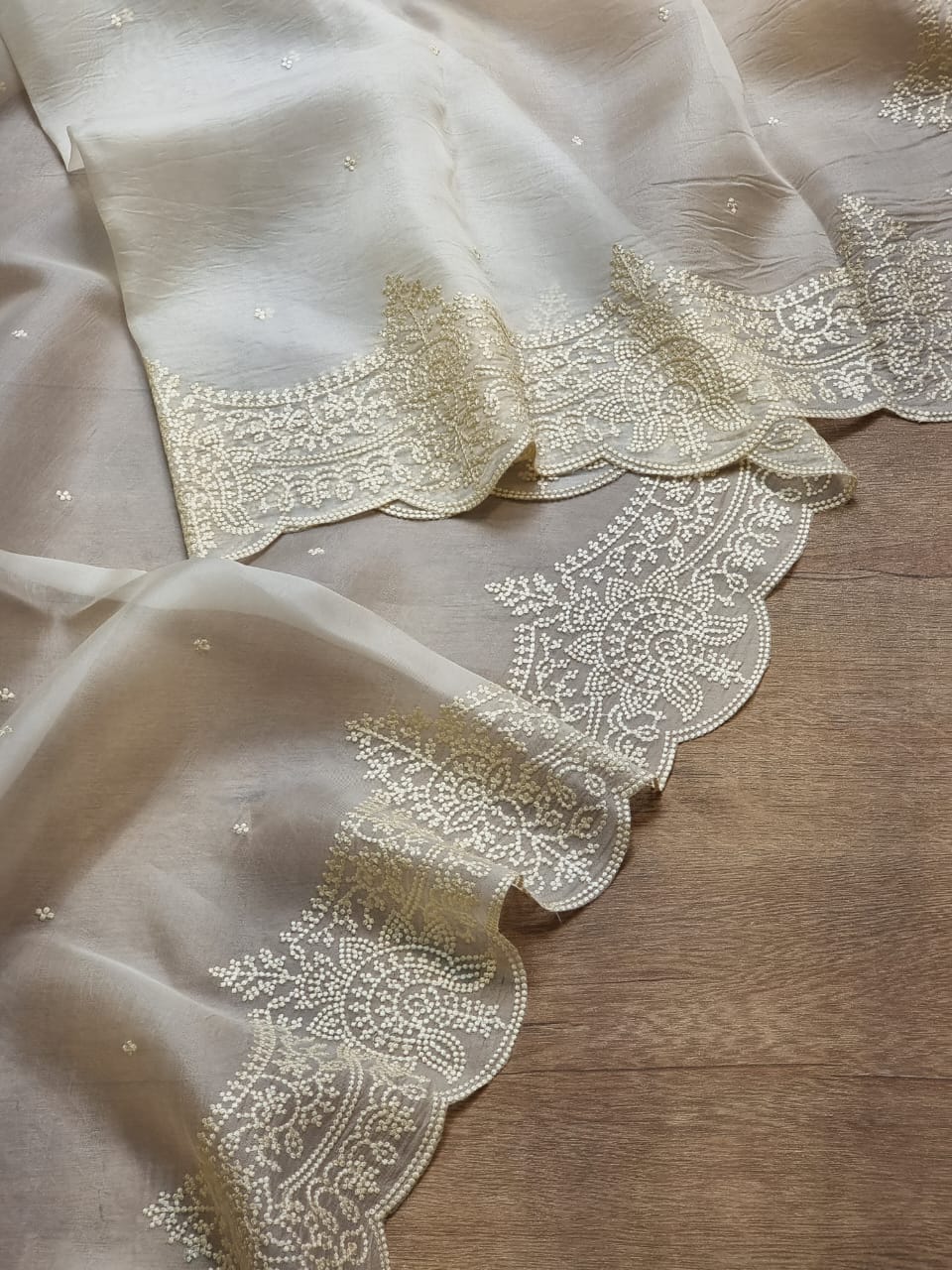 Pure Organza Silk Thread Embroidery Torani Pearl Border with Scallop edges and blouse work - Resham Wala