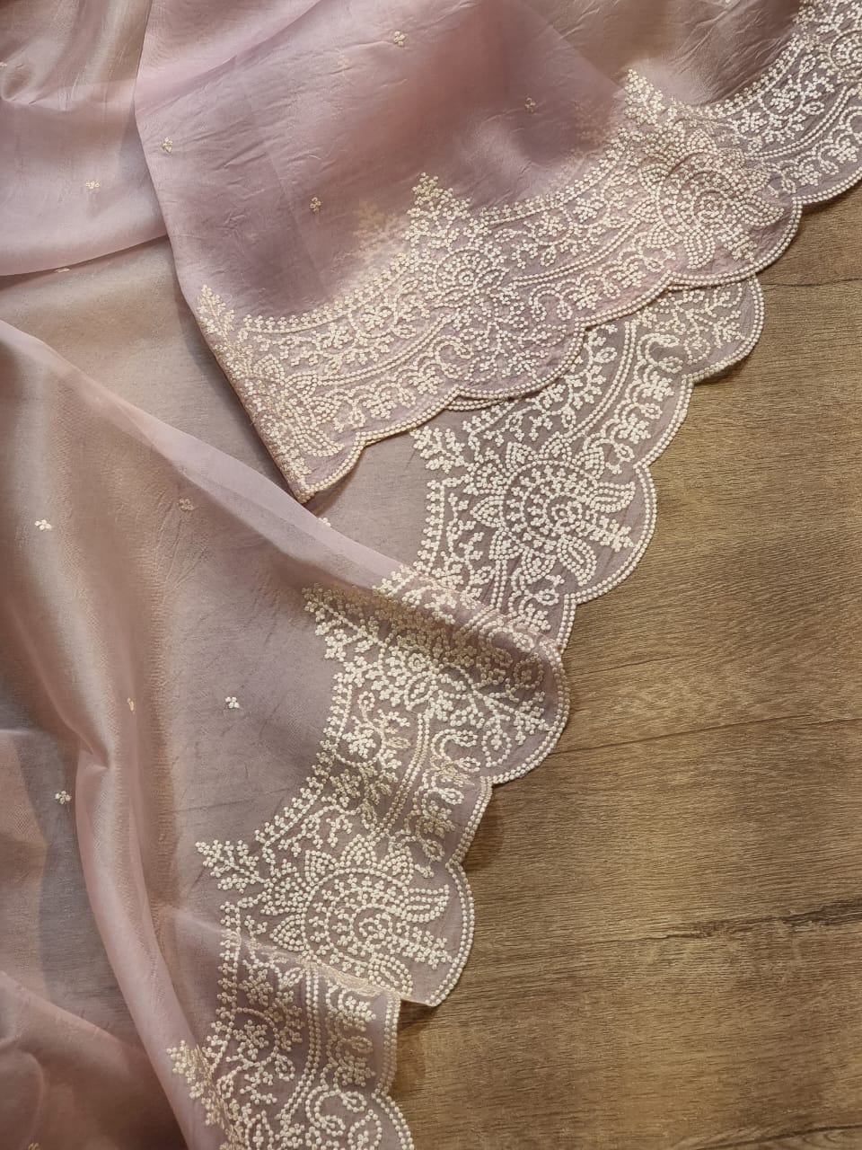 Pure Organza Silk Thread Embroidery Torani Pearl Border with Scallop edges and blouse work - Resham Wala