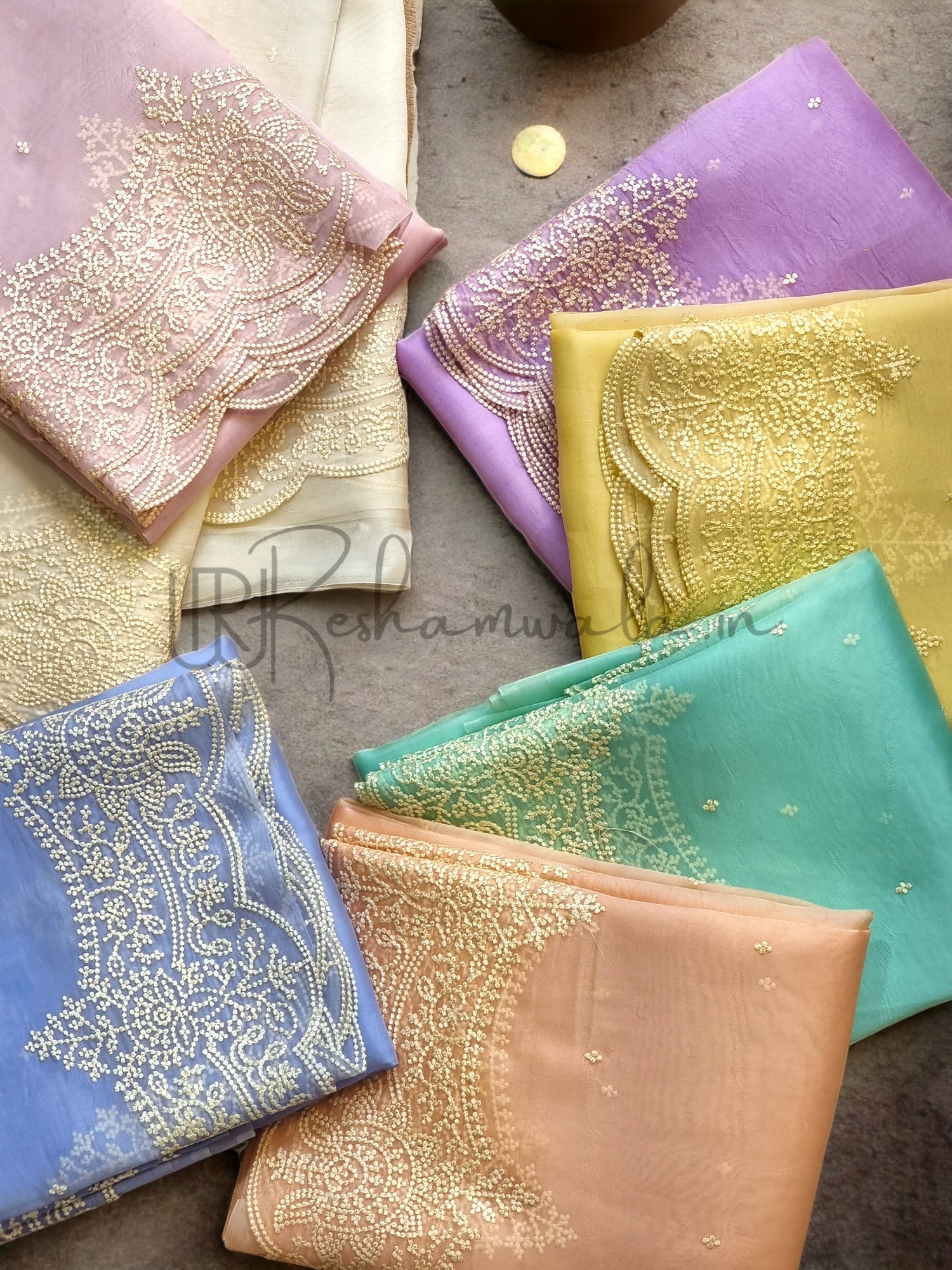 Pure Organza Silk Thread Embroidery Torani Pearl Border with Scallop edges and blouse work - Resham Wala