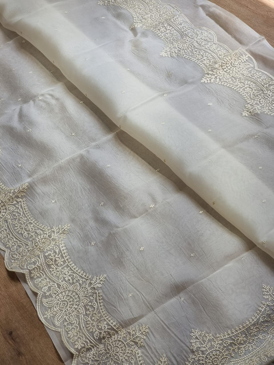 Pure Organza Silk Thread Embroidery Torani Pearl Border with Scallop edges and blouse work - Resham Wala