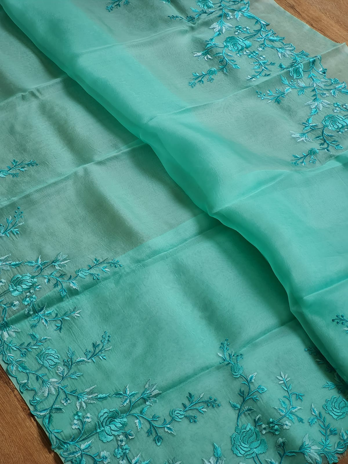 Pure Organza Silk Tilfy Embroidery Saree - draped side view