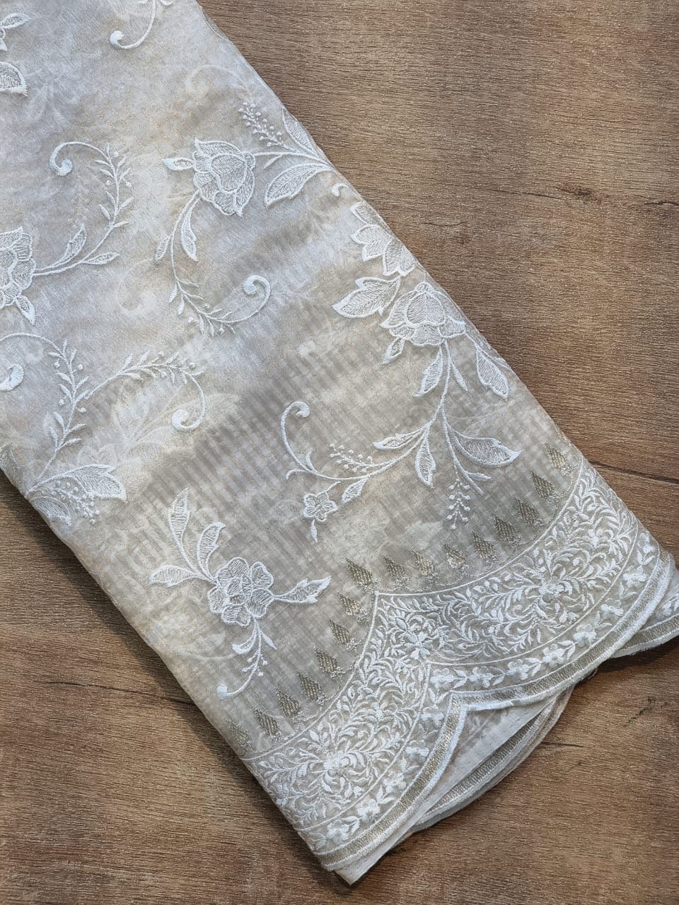 Pure organza silk tissue stripe cutwork jaal embroidery with scallop border and sleeves work in blouse. - Resham Wala