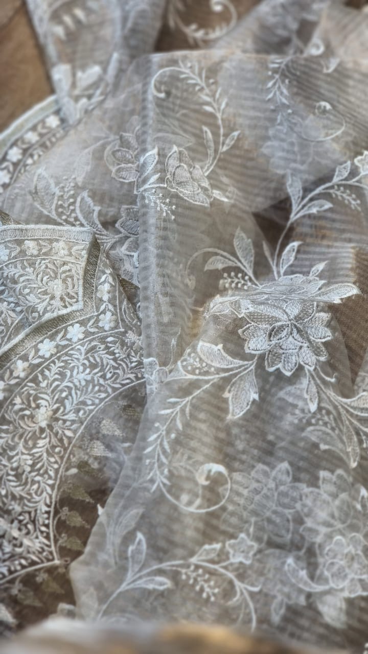 Pure Organza Silk Tissue Stripe Cutwork Jaal Saree - fabric texture close-up