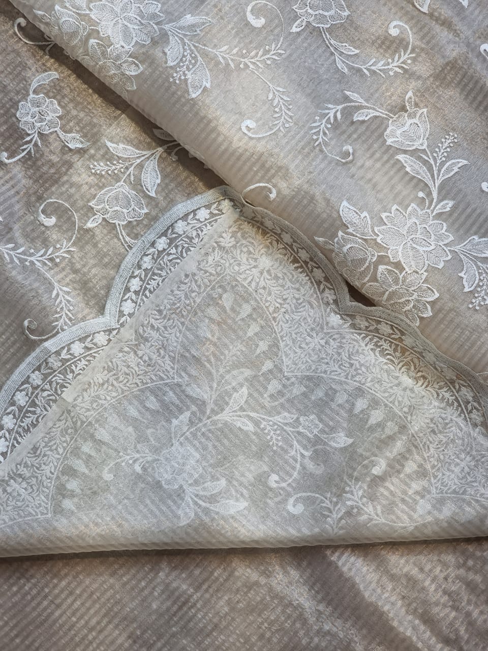 Pure organza silk tissue stripe cutwork jaal embroidery with scallop border and sleeves work in blouse. - Resham Wala