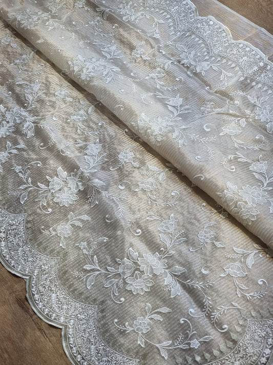 Pure Organza Silk Tissue Stripe Cutwork Jaal Saree - stripe weave close-up
