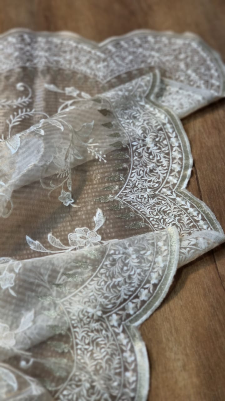 Pure organza silk tissue stripe cutwork jaal embroidery with scallop border and sleeves work in blouse. - Resham Wala