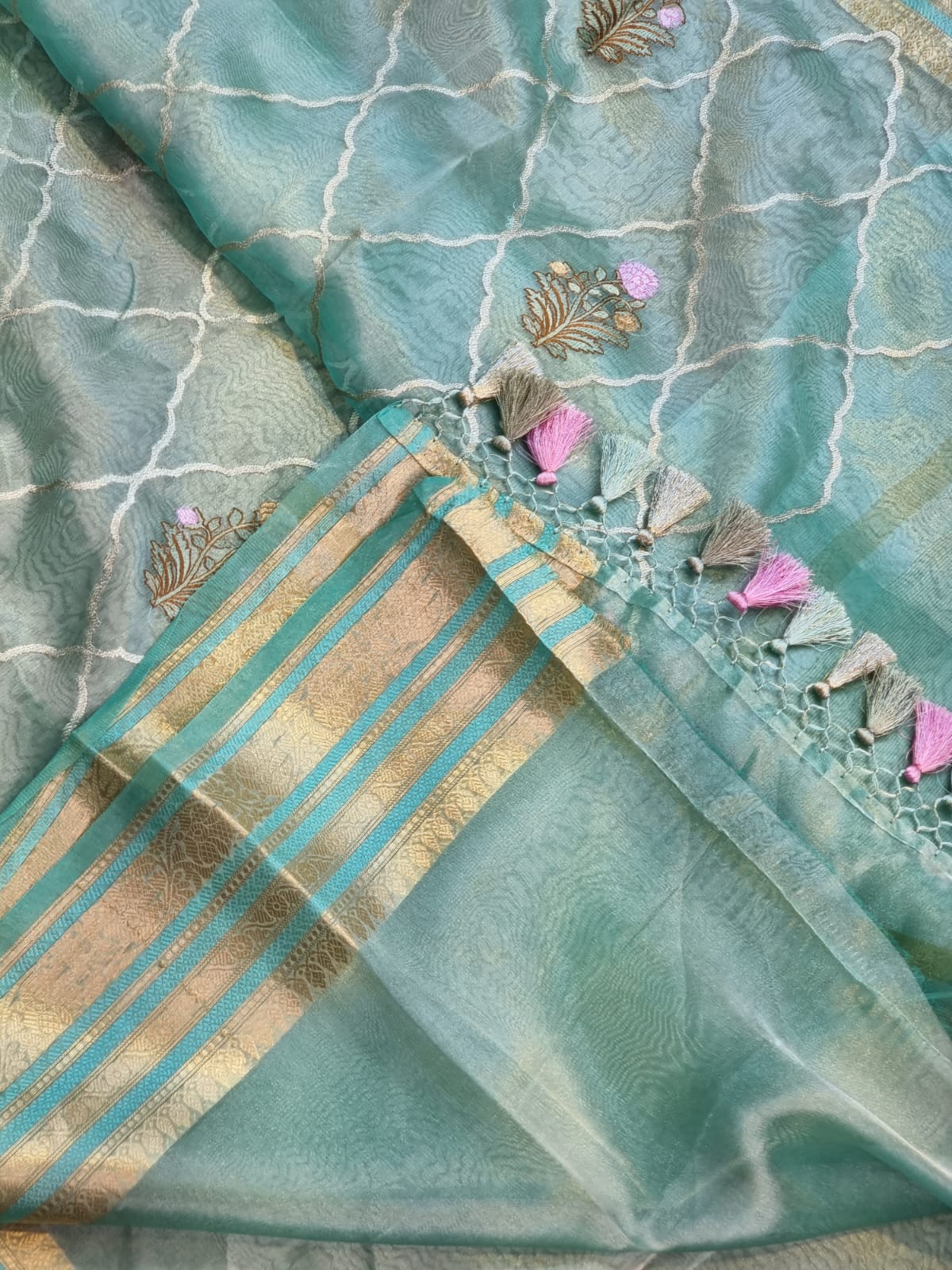 Pure Organza Tissue jaal Embroidery Saree with Banarasi katan zari border and special tassels - Resham Wala