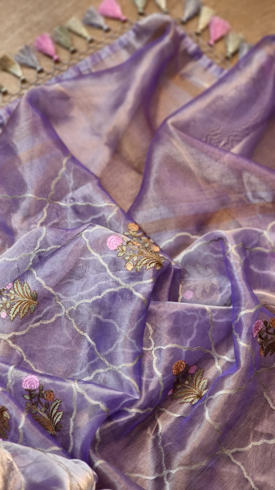 Pure Organza Tissue jaal Embroidery Saree with Banarasi katan zari border and special tassels - Resham Wala