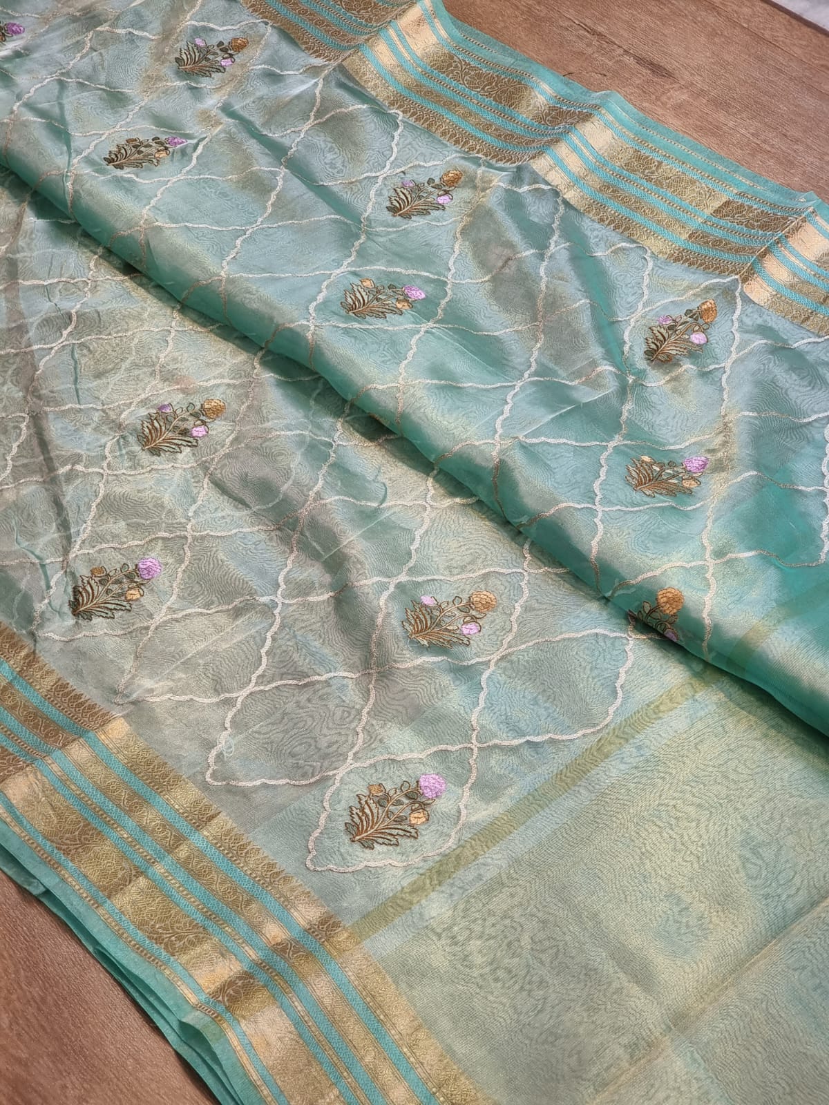 Pure Organza Tissue jaal Embroidery Saree with Banarasi katan zari border and special tassels - Resham Wala