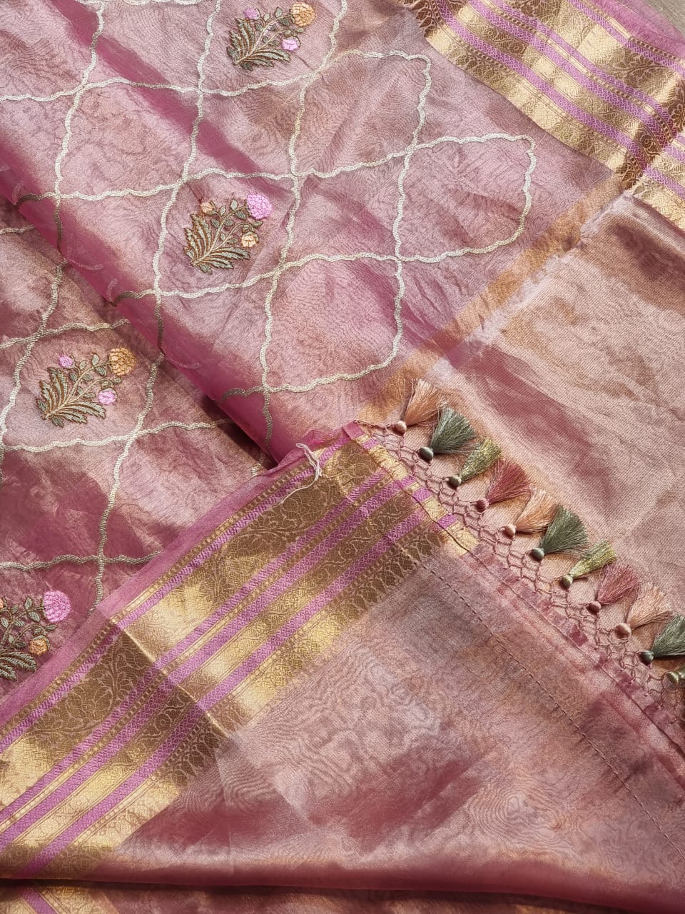 Pure Organza Tissue jaal Embroidery Saree with Banarasi katan zari border and special tassels - Resham Wala
