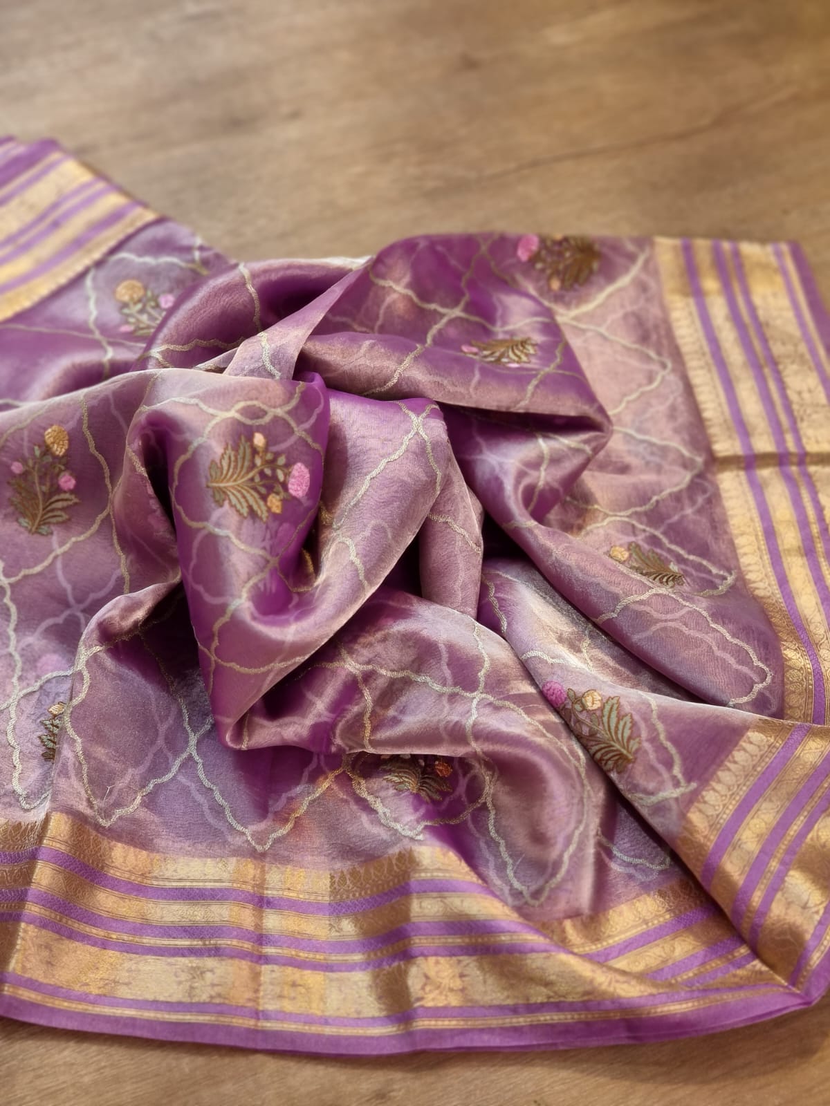 Pure Organza Tissue jaal Embroidery Saree with Banarasi katan zari border and special tassels - Resham Wala