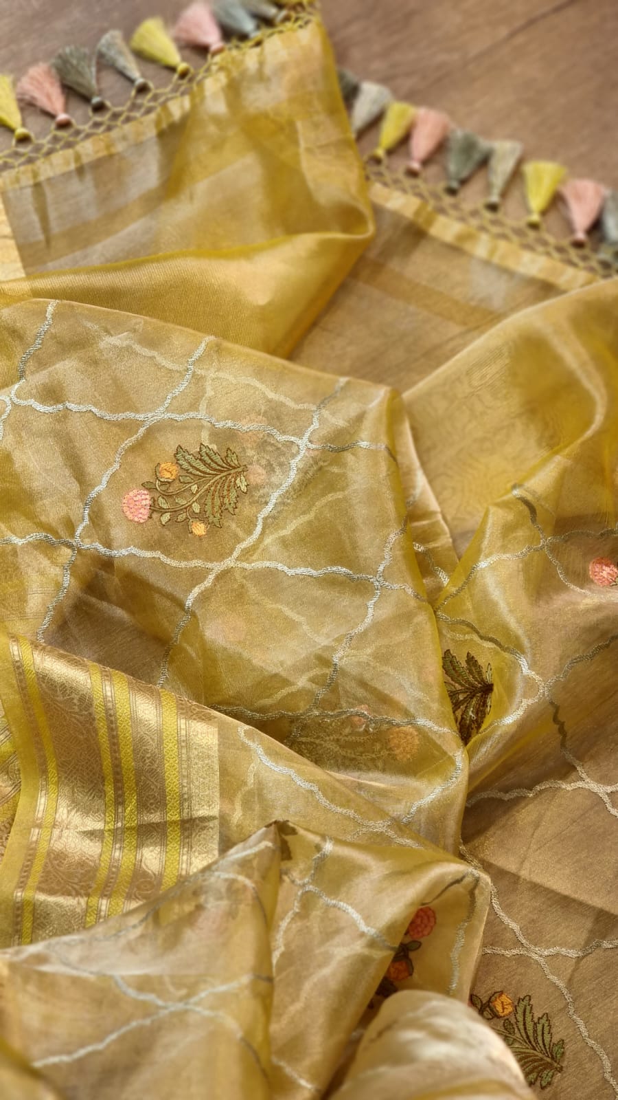 Pure Organza Tissue Jaal Banarasi Border Saree - close pallu embroidery view