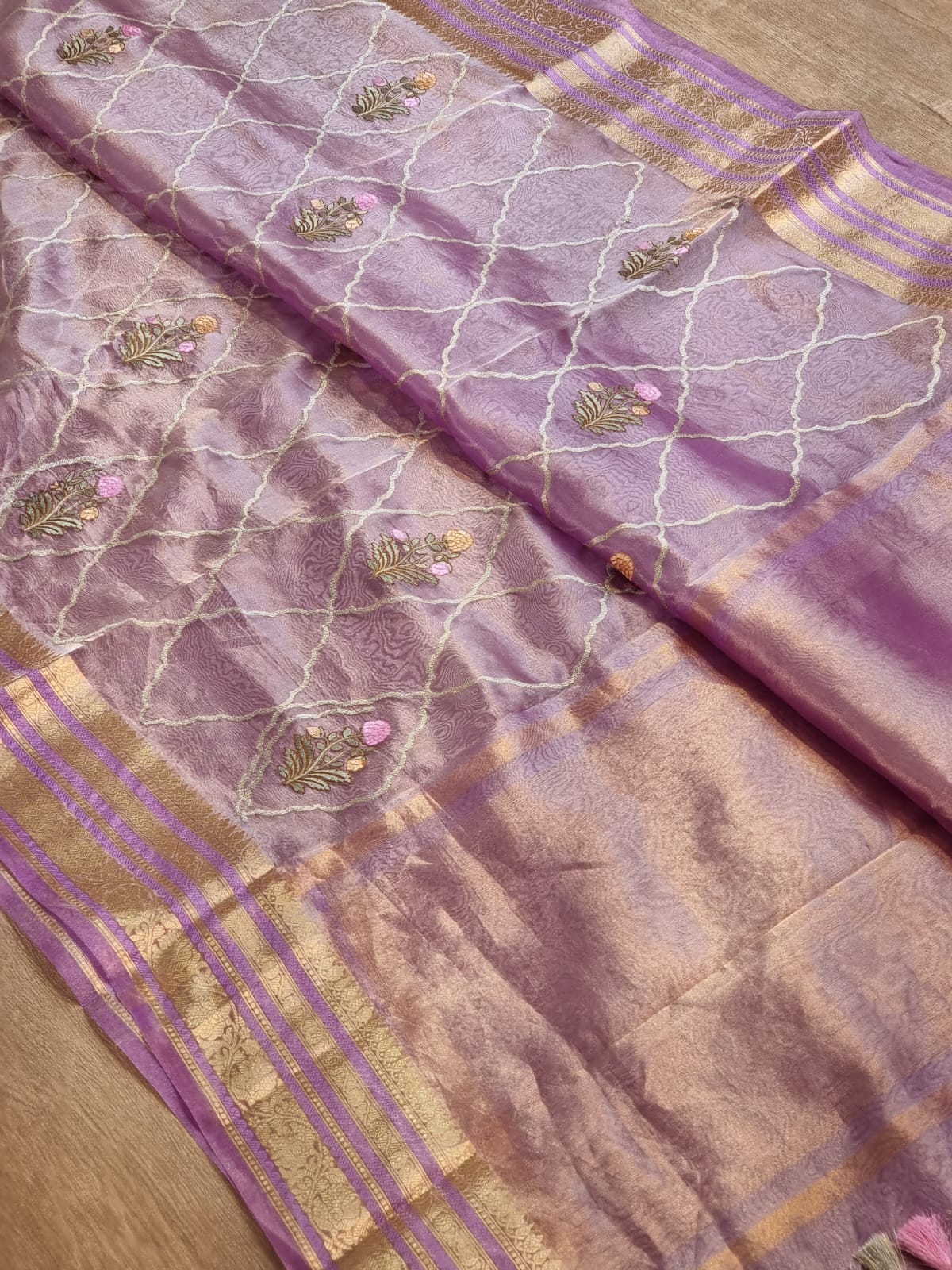 Pure Organza Tissue jaal Embroidery Saree with Banarasi katan zari border and special tassels - Resham Wala