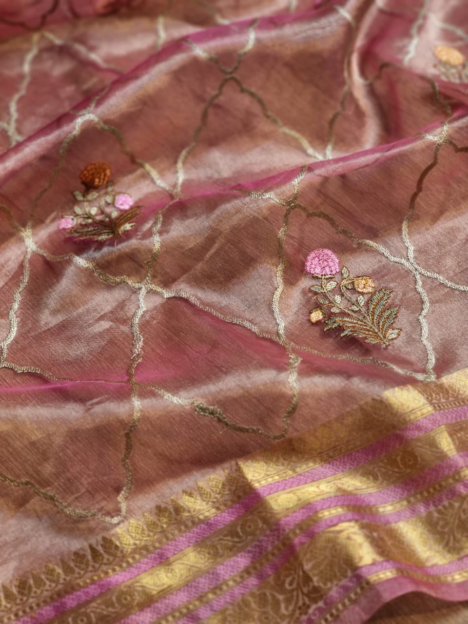 Pure Organza Tissue jaal Embroidery Saree with Banarasi katan zari border and special tassels - Resham Wala