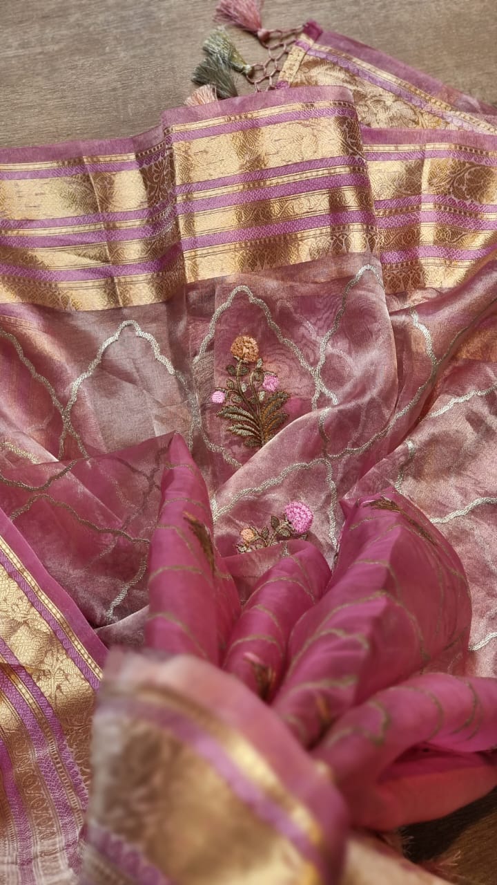 Pure Organza Tissue jaal Embroidery Saree with Banarasi katan zari border and special tassels - Resham Wala