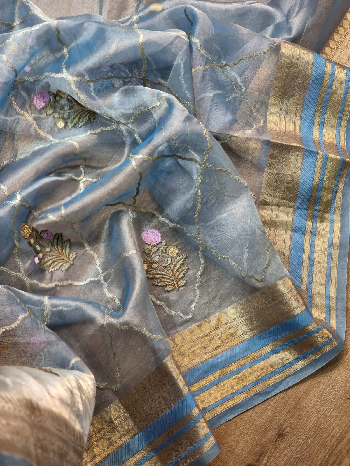 Pure Organza Tissue Jaal Banarasi Border Saree - Seagreen shade