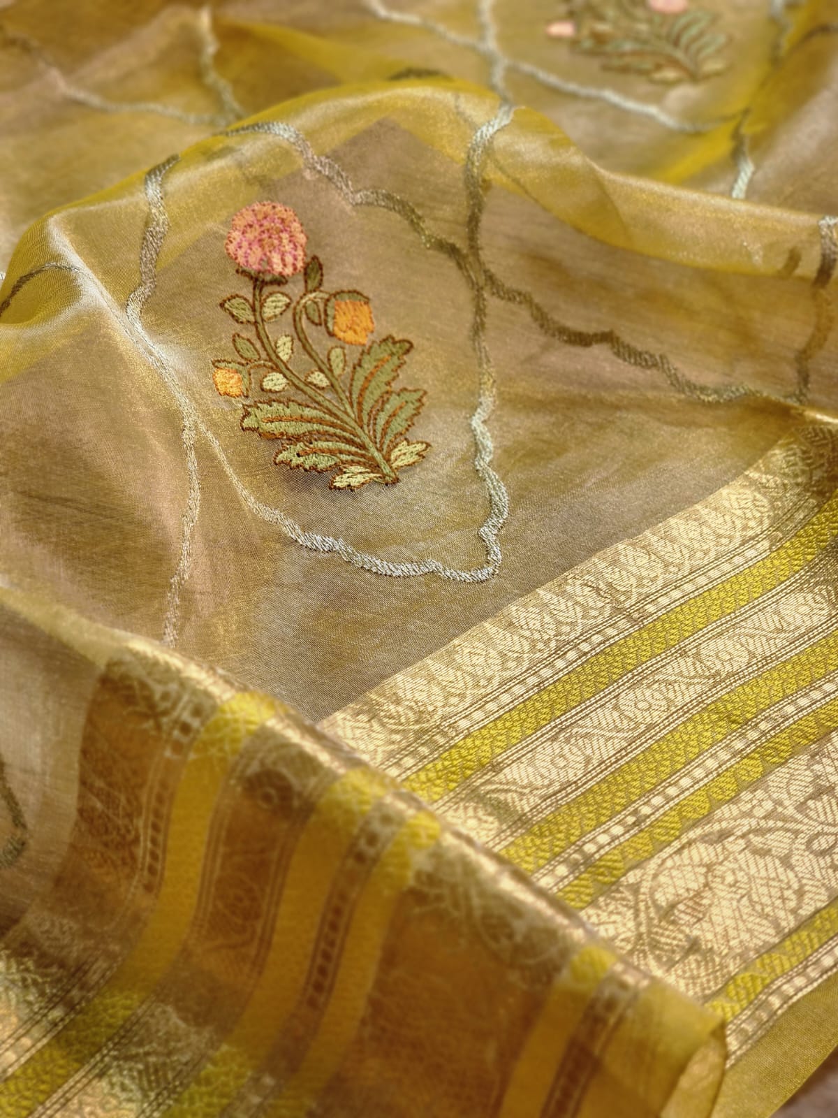 Pure Organza Tissue jaal Embroidery Saree with Banarasi katan zari border and special tassels - Resham Wala