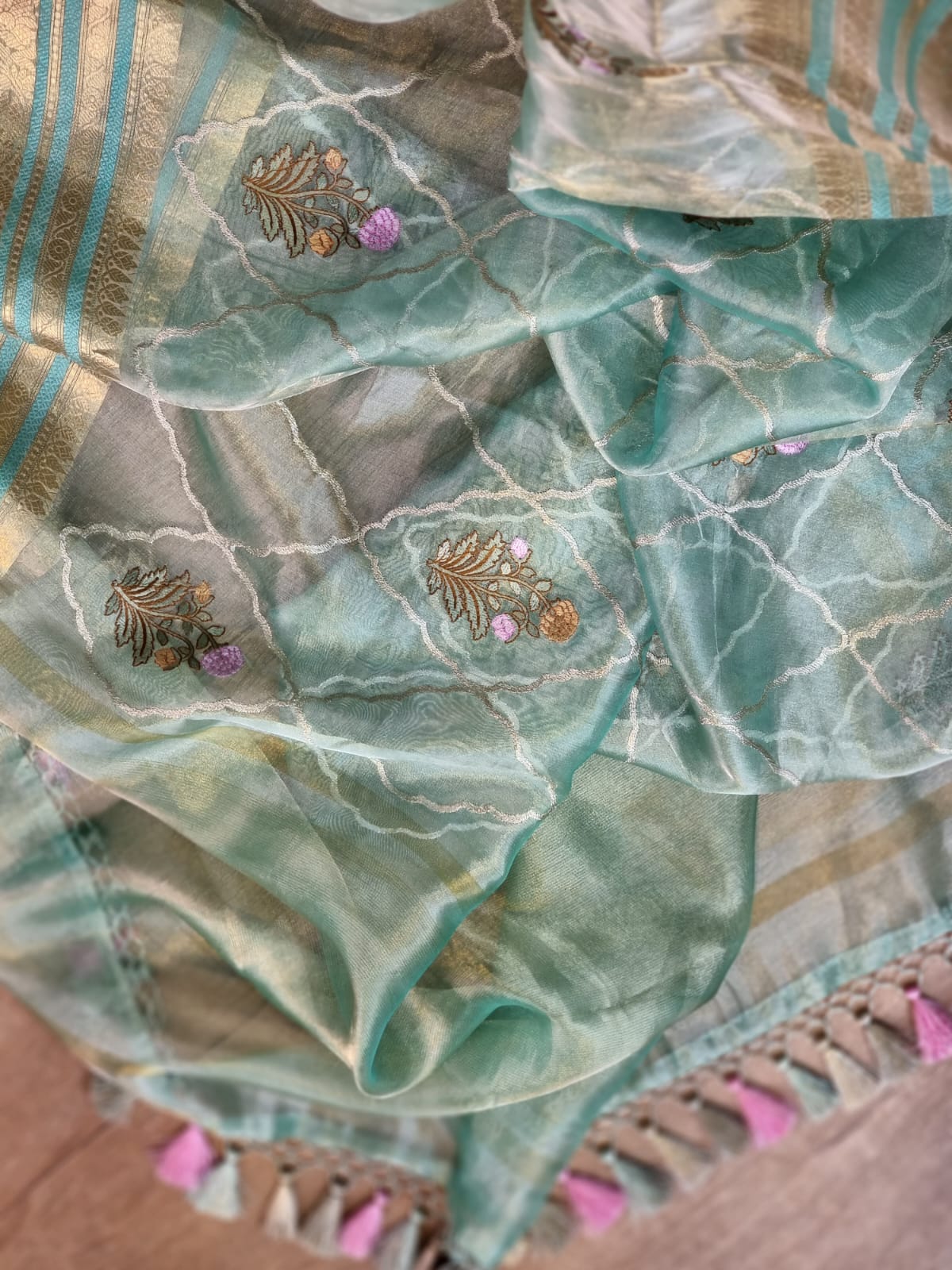 Pure Organza Tissue Jaal Banarasi Border Saree - model wearing saree with jewellery
