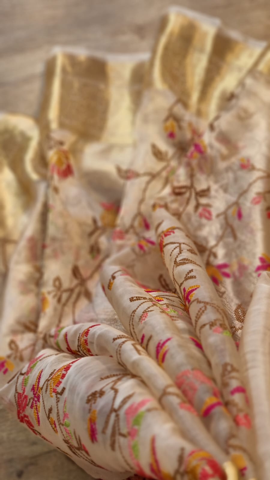 Petit Point Embroidered Tissue Silk Saree with Banarasi Border - Resham Wala