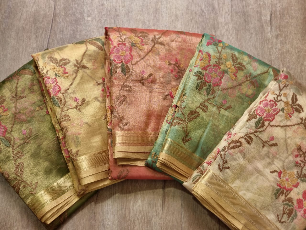 Pure Tissue Organza Silk Embroidery Cross stitch jaal with banarasi border and special tassels - Resham Wala