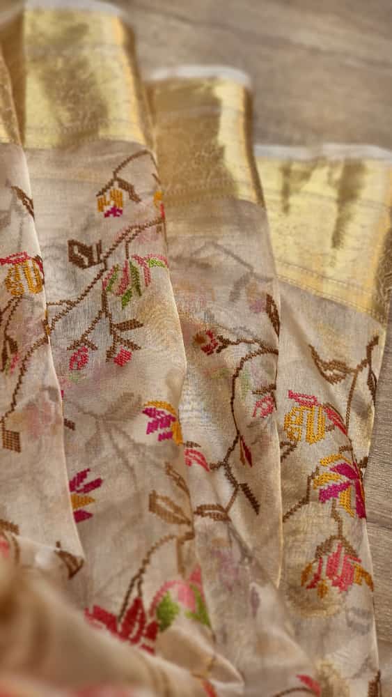 Petit Point Embroidered Tissue Silk Banarasi Saree - petit point embroidery close-up