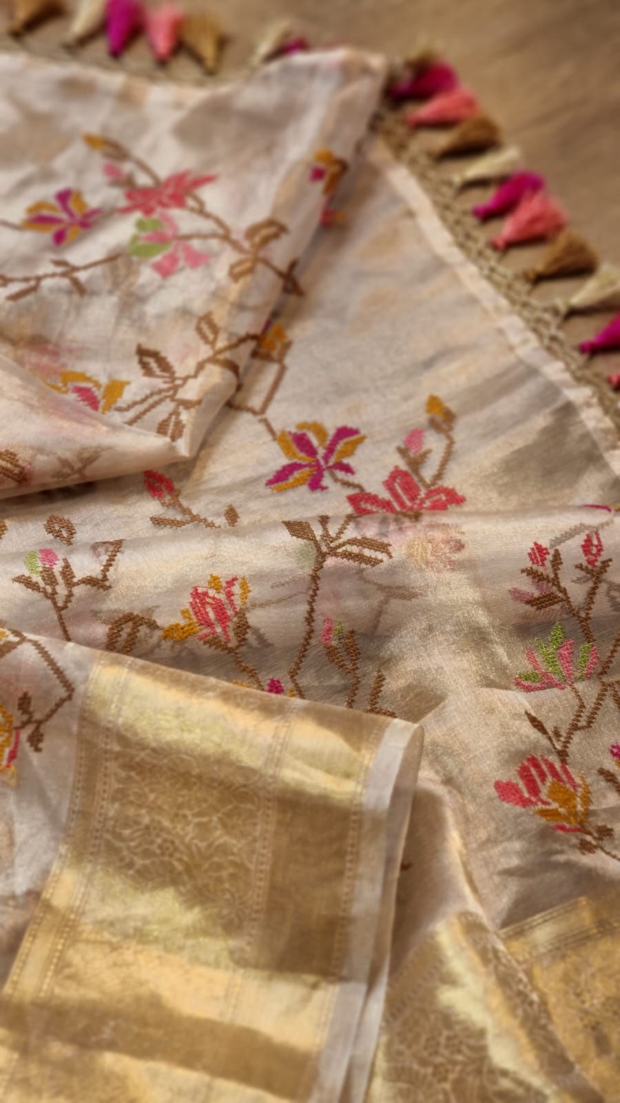Petit Point Embroidered Tissue Silk Saree with Banarasi Border - Resham Wala