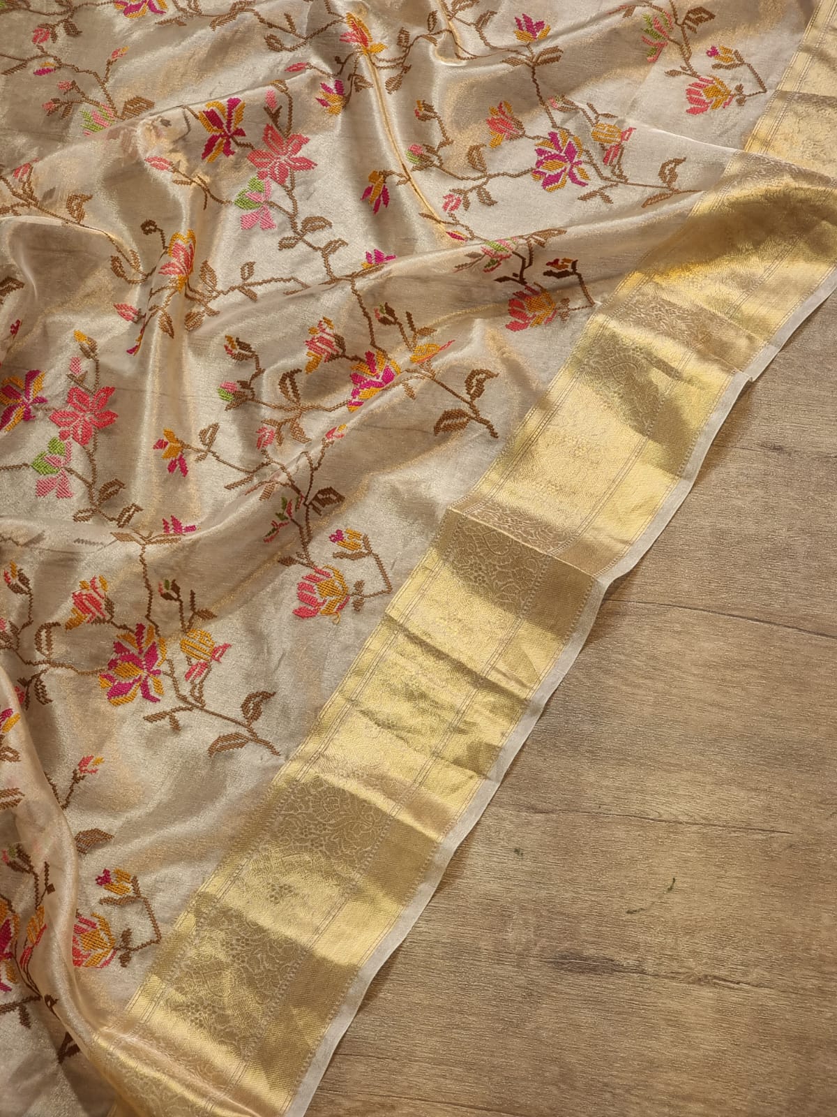 Petit Point Embroidered Tissue Silk Banarasi Saree - draped side view
