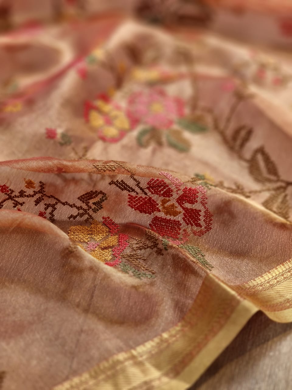 Pure Tissue Organza Silk Embroidery Cross stitch jaal with banarasi border and special tassels - Resham Wala