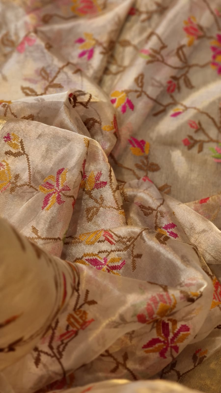 Petit Point Embroidered Tissue Silk Saree with Banarasi Border - Resham Wala