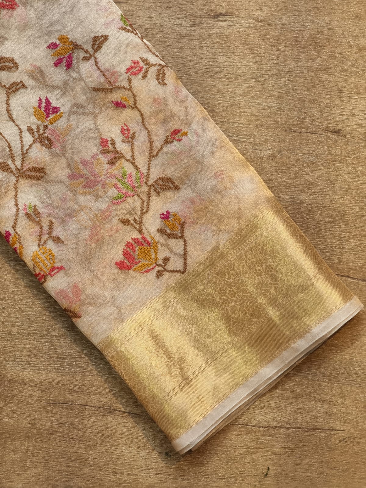 Petit Point Embroidered Tissue Silk Saree with Banarasi Border - Resham Wala