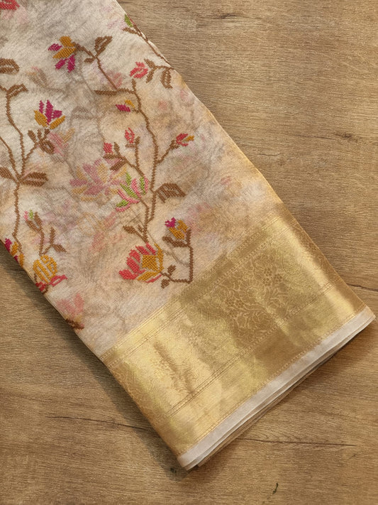 Petit Point Embroidered Tissue Silk Saree with Banarasi Border - Resham Wala