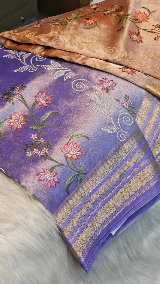 Luxurious Pure Tissue Organza Silk Katan Floral Embroidery Saree - Resham Wala