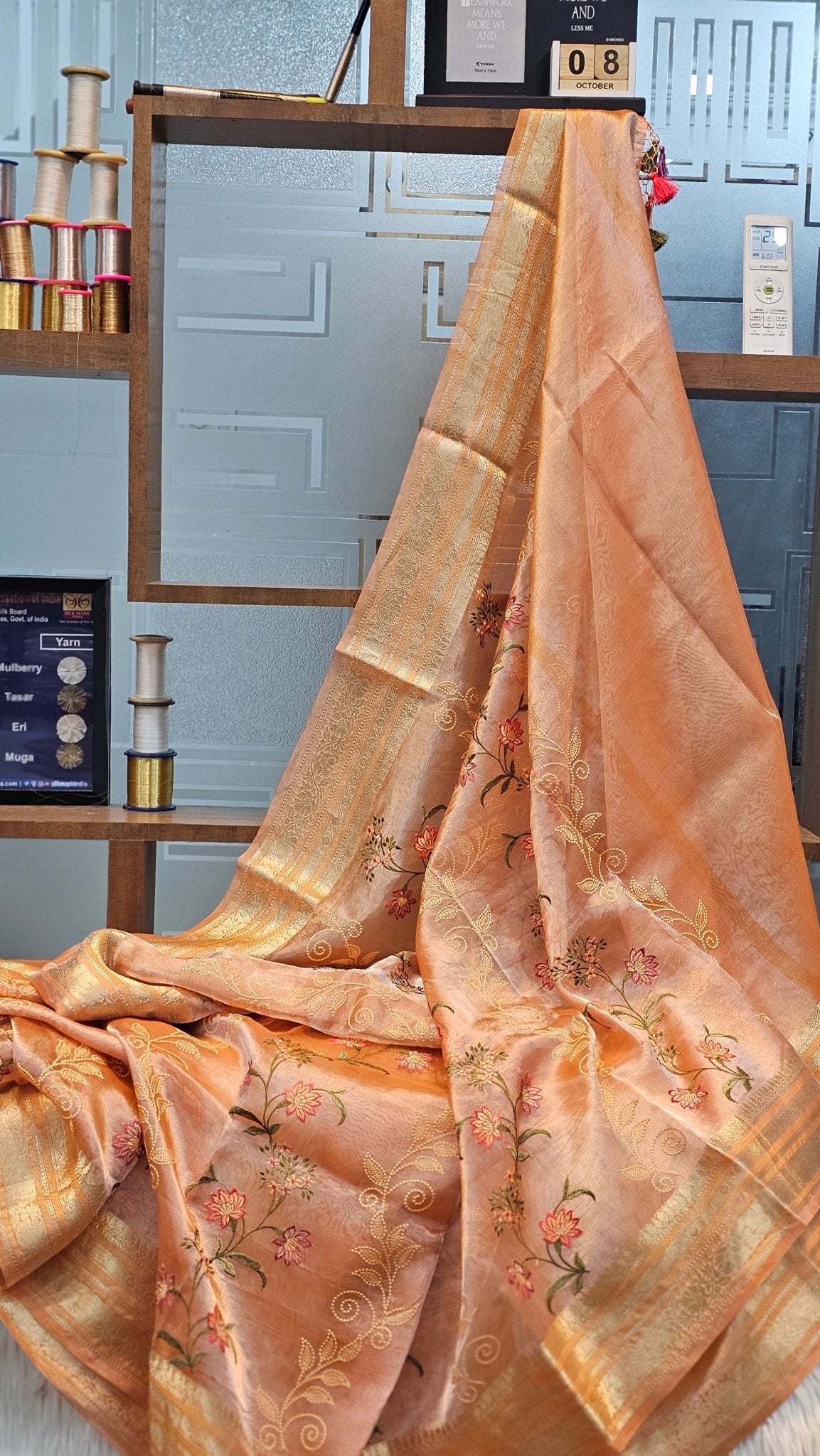 Luxurious Pure Tissue Organza Silk Katan Floral Embroidery Saree - Resham Wala