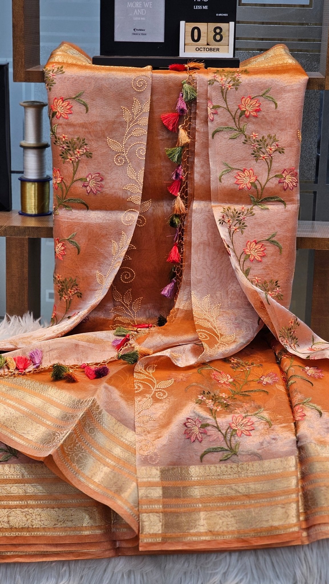 Luxurious Pure Tissue Organza Silk Katan Floral Embroidery Saree - Resham Wala