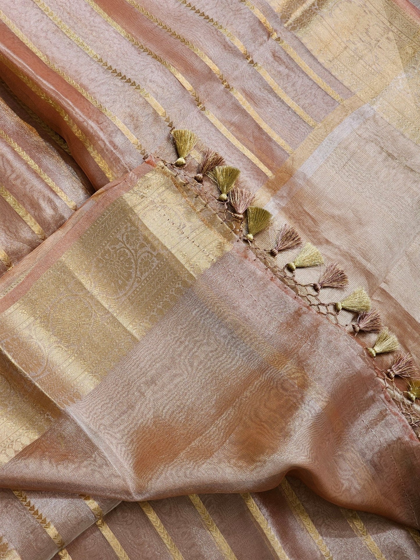 Pure Tissue Silk Banarasi Border Stripe Saree with special tassels and blouse - Resham Wala