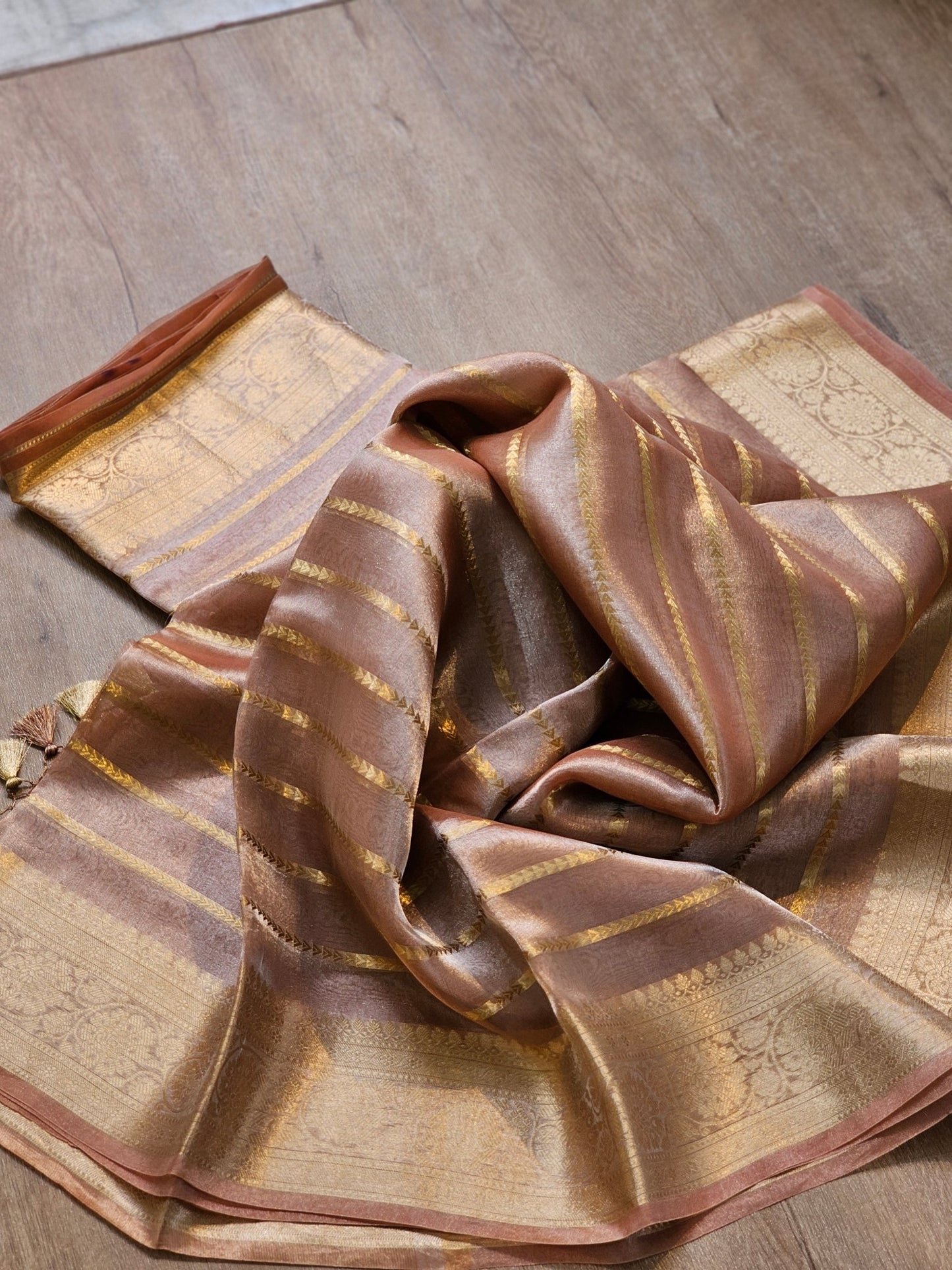 Pure Tissue Silk Banarasi Border Stripe Saree with special tassels and blouse - Resham Wala