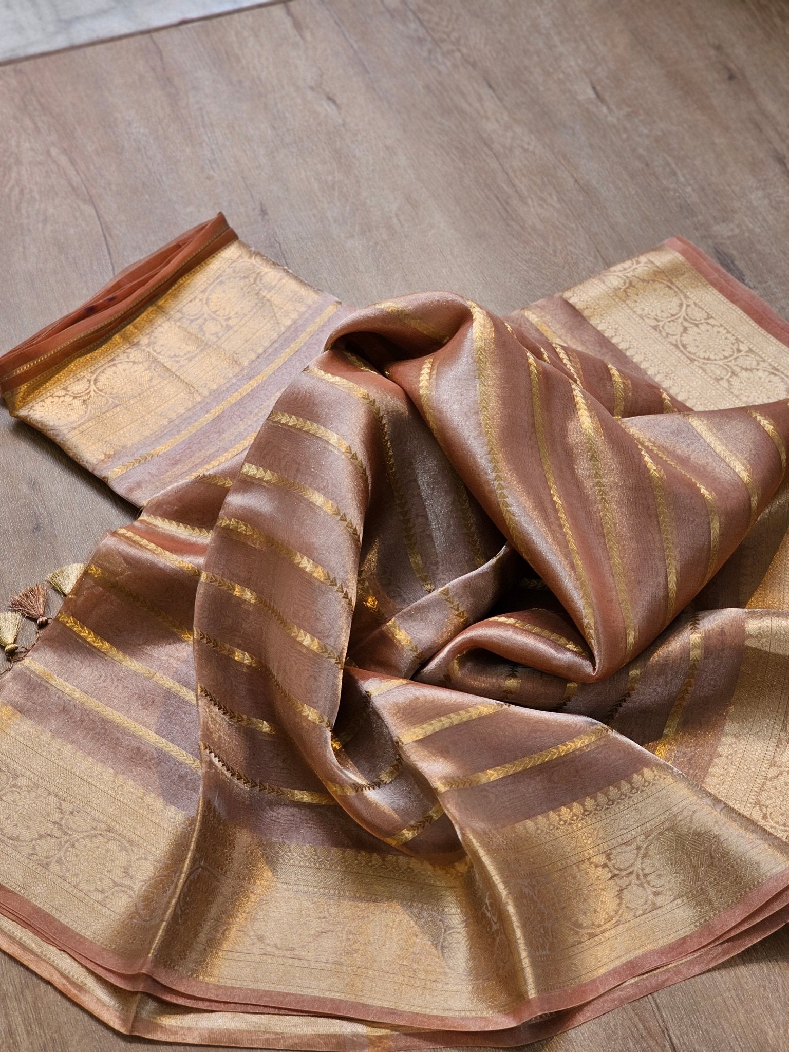 Pure Tissue Silk Banarasi Border Stripe Saree with special tassels and blouse - Resham Wala