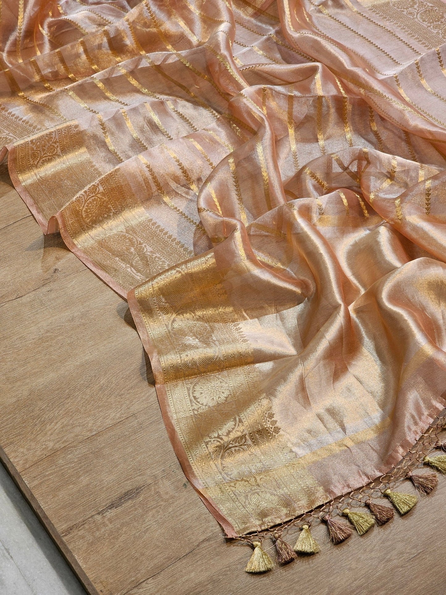 Pure Tissue Silk Banarasi Border Stripe Saree with special tassels and blouse - Resham Wala