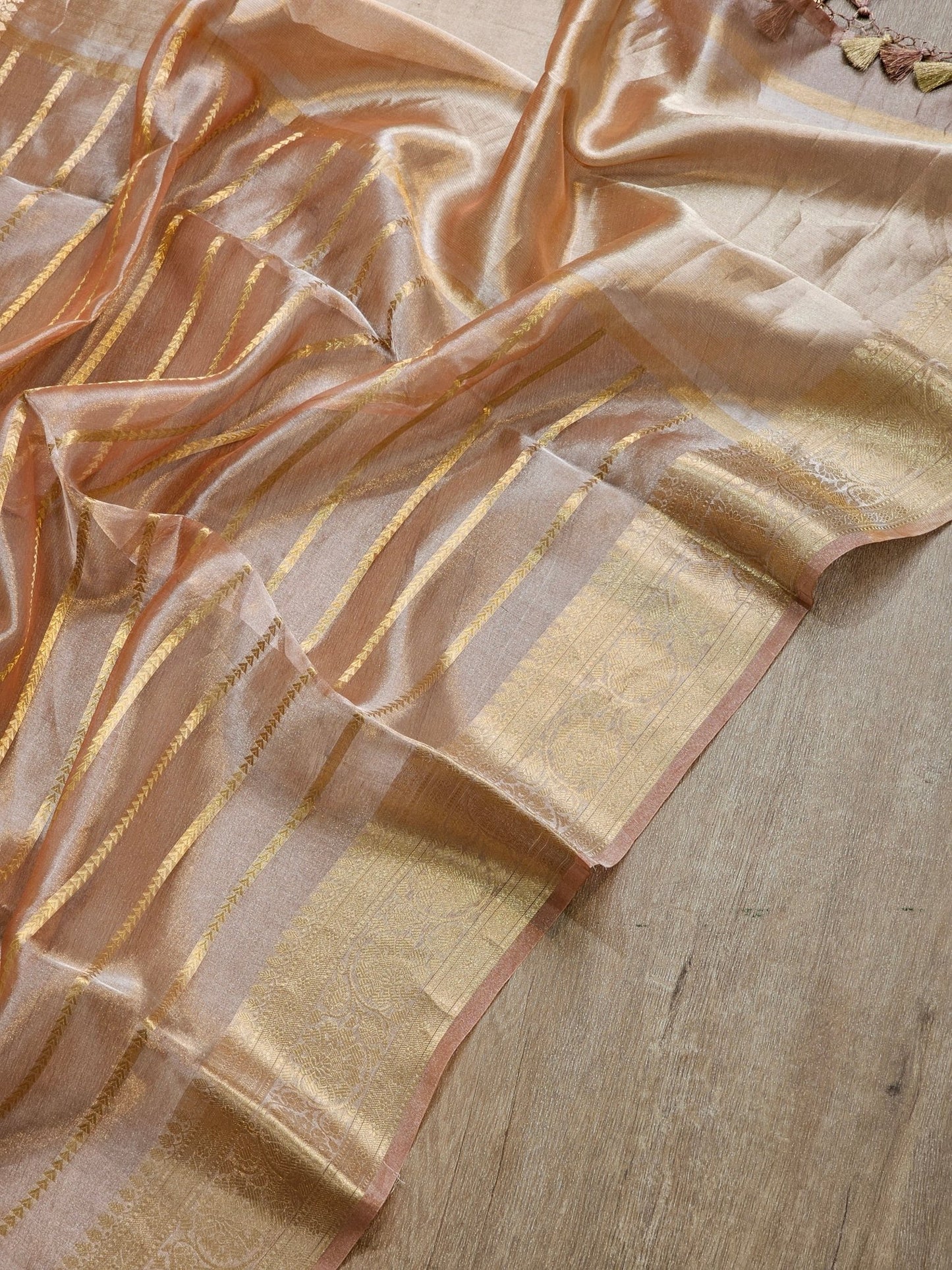 Pure Tissue Silk Banarasi Border Stripe Saree with special tassels and blouse - Resham Wala