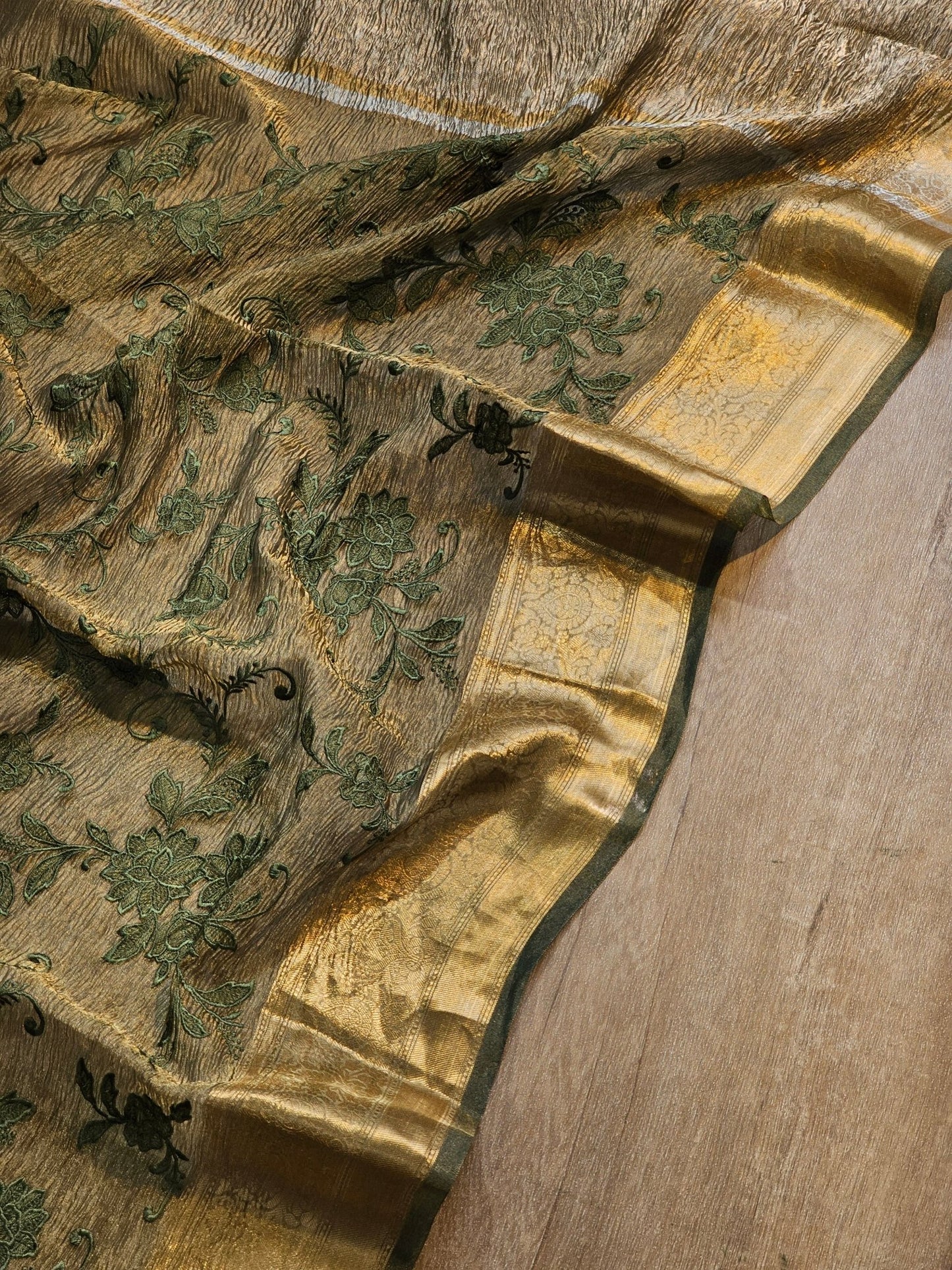 Pure Tissue Silk Crush Monotone Embroidery chikankari Saree with Banarasi Border and special tassels - Resham Wala