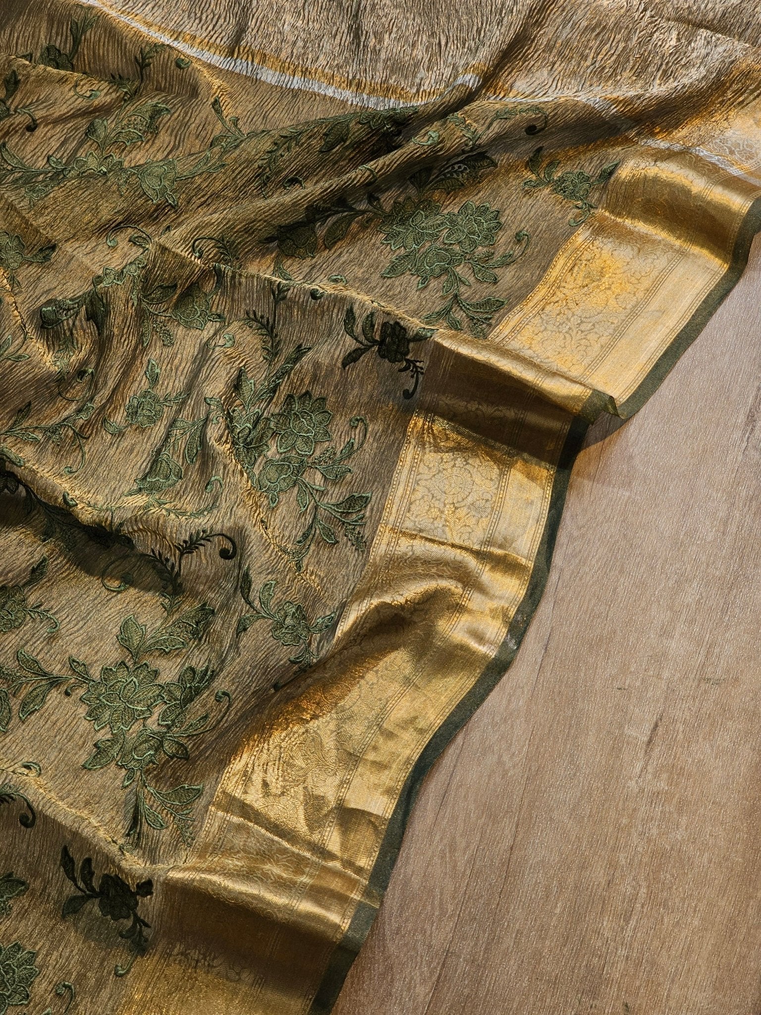 Pure Tissue Silk Crush Monotone Embroidery chikankari Saree with Banarasi Border and special tassels - Resham Wala