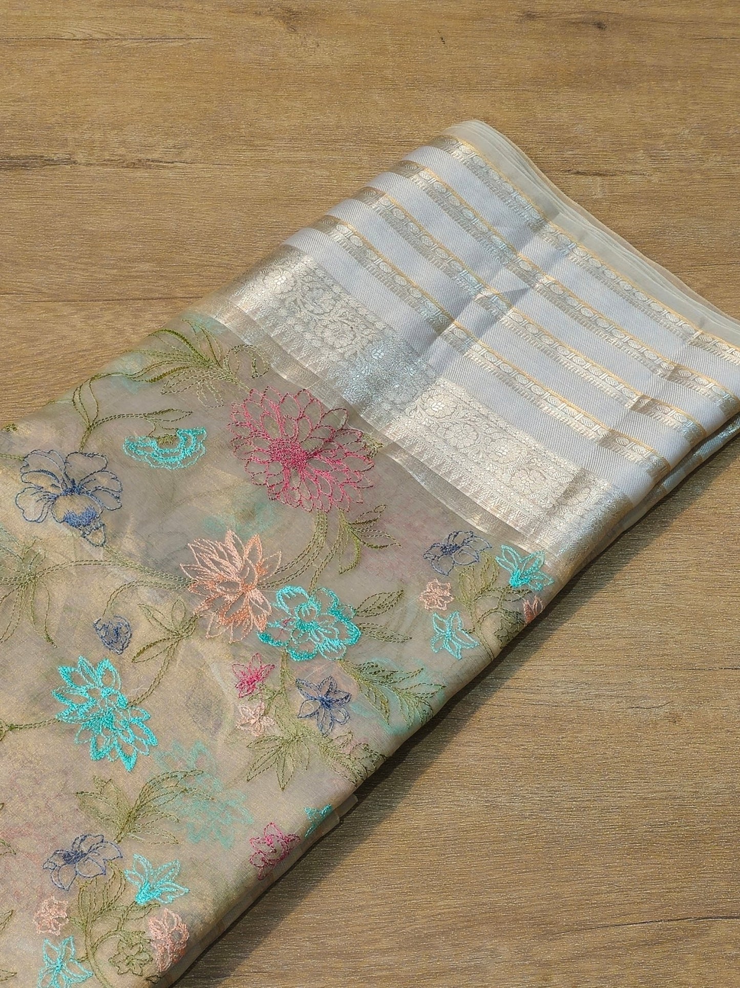 Pure Tissue Silk Katan Border Abstract Embroidery Multi Colour Floral Jaal Saree With special Tassels & blouse - Resham Wala