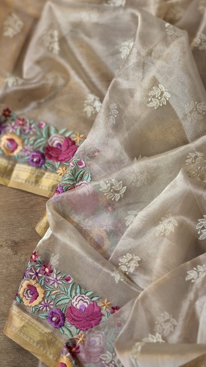 Pure Tissue Silk Parsi Border Chikankari Saree - styled with jewellery