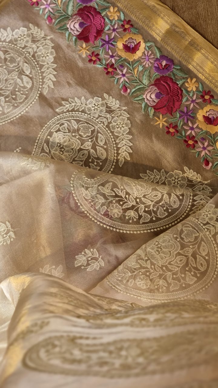 Pure Tissue Silk Parsi Border Chikankari Saree - blouse back detail