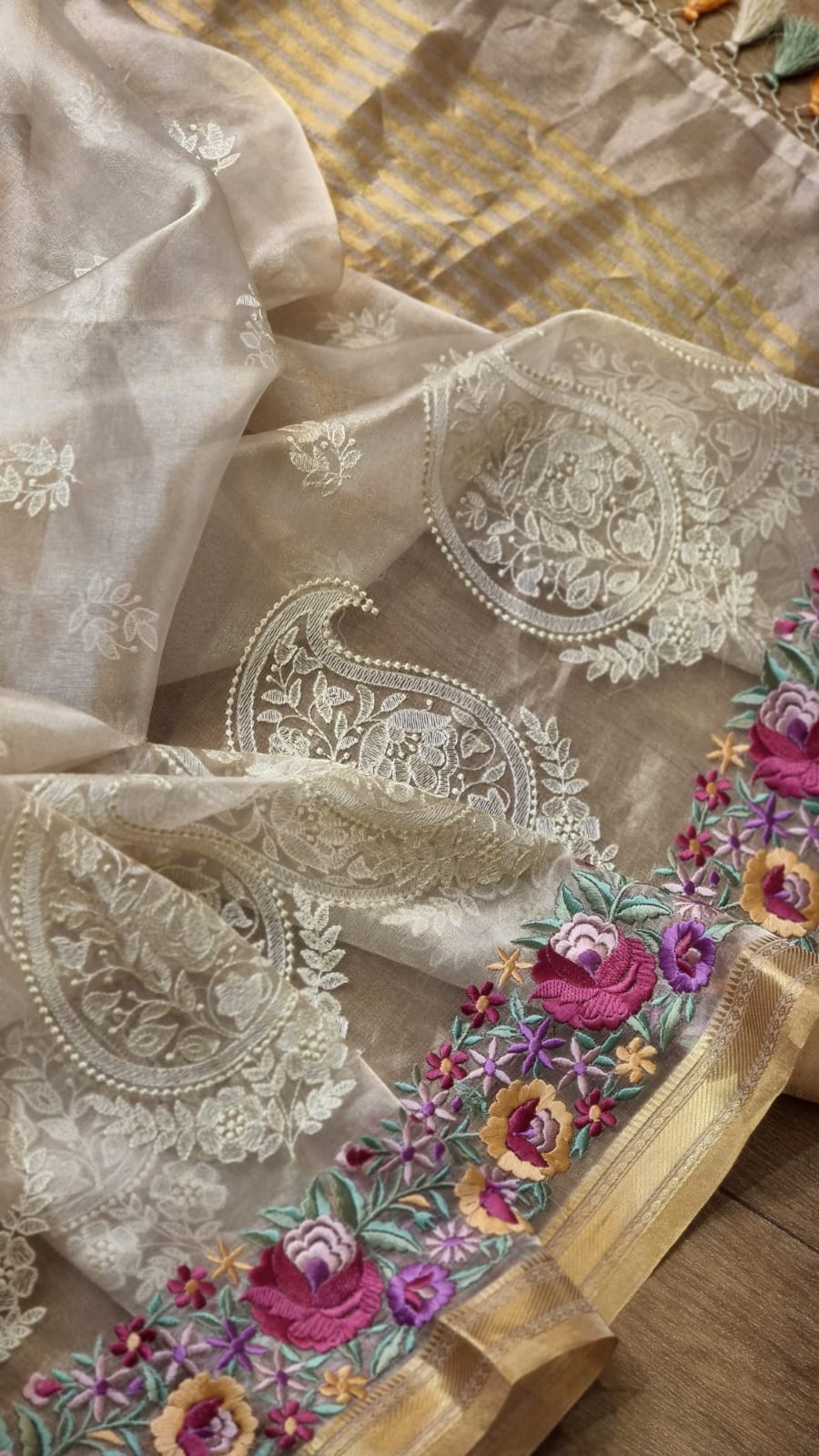 Pure Tissue Silk Parsi Border Chikankari Embroidery Saree with special Tassels and blouse - Resham Wala