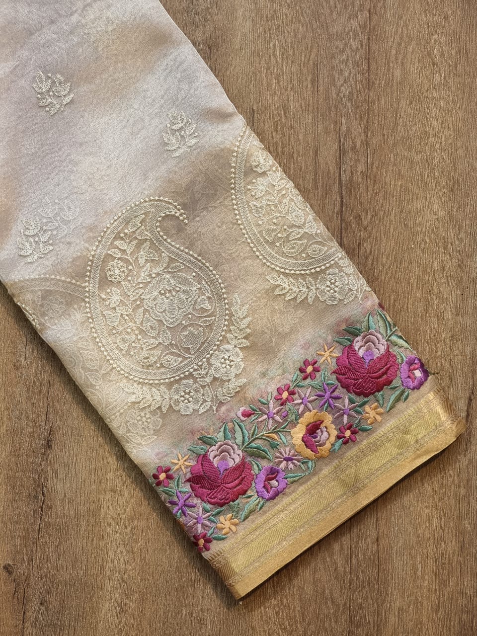 Pure Tissue Silk Parsi Border Chikankari Saree - front full view