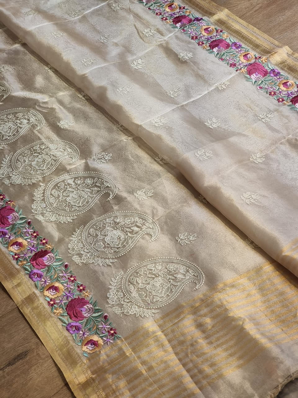 Pure Tissue Silk Parsi Border Chikankari Saree - styled full look