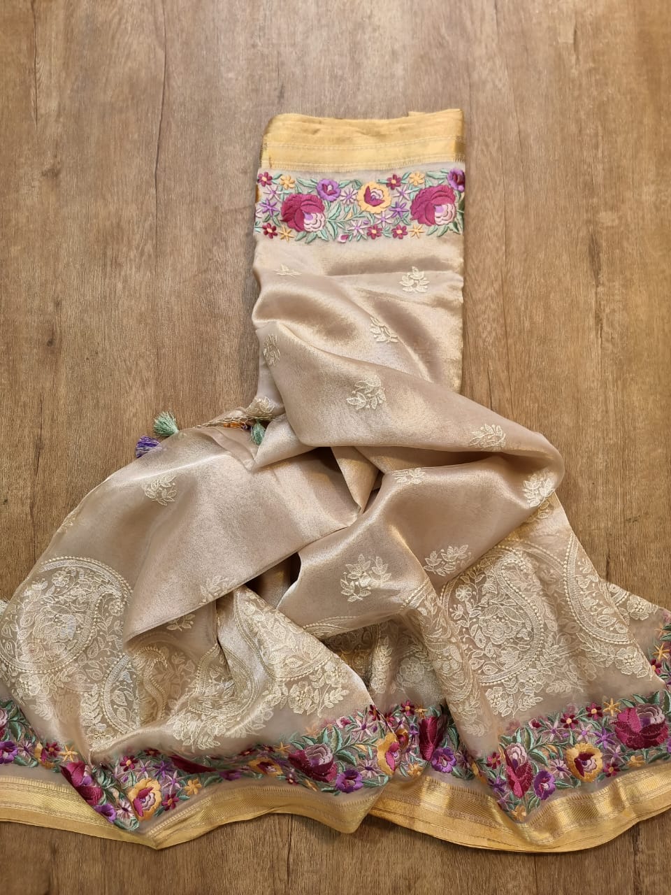 Pure Tissue Silk Parsi Border Chikankari Embroidery Saree with special Tassels and blouse - Resham Wala