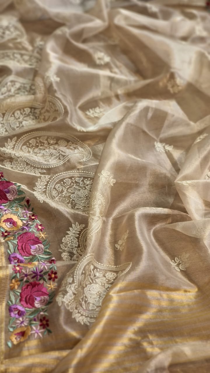 Pure Tissue Silk Parsi Border Chikankari Embroidery Saree with special Tassels and blouse - Resham Wala